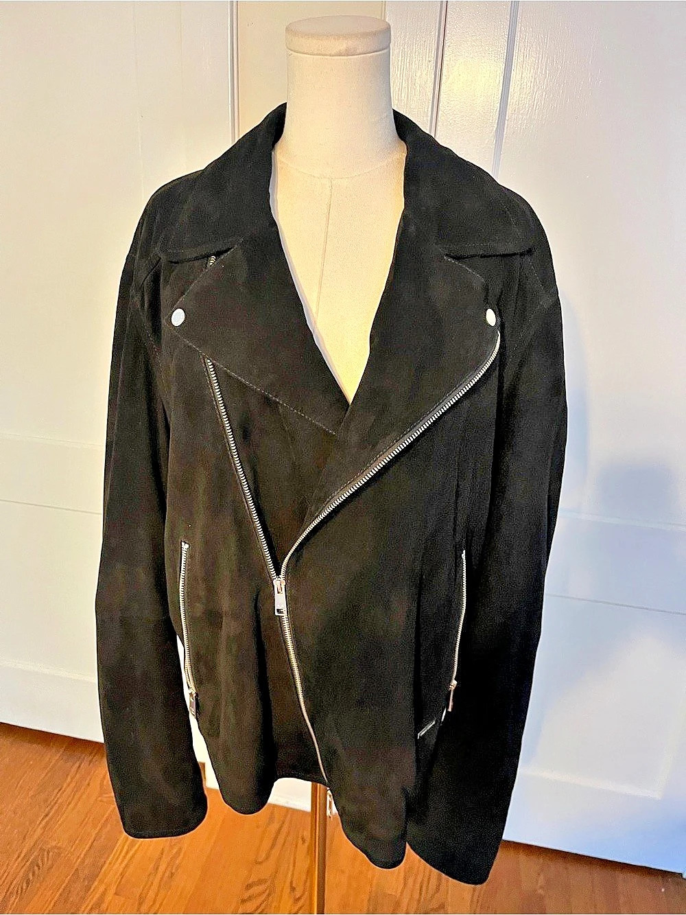 Armani Exchange Black Pure Suede Moto Jacket – Silver Zip Biker Style